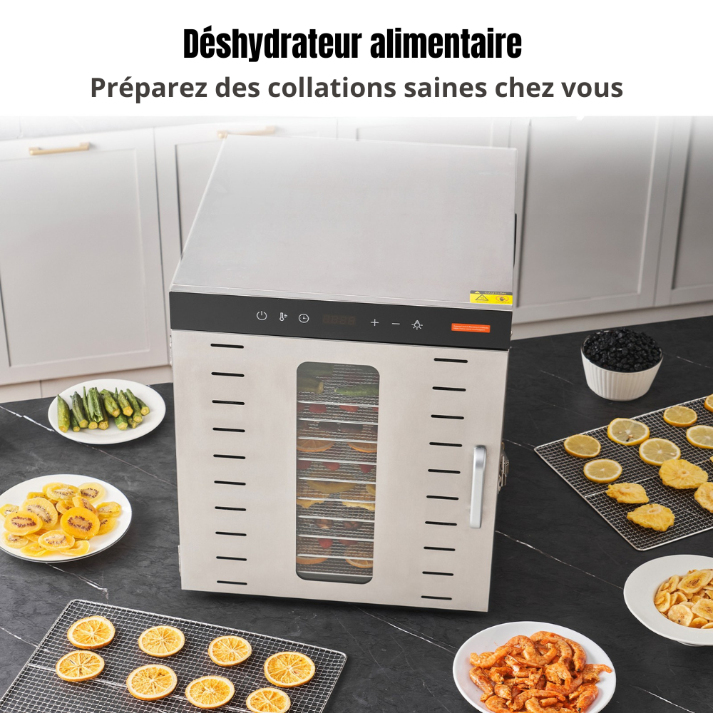 Déshydrateur alimentaire inox 10 plateaux – 1000W – 30–90°C