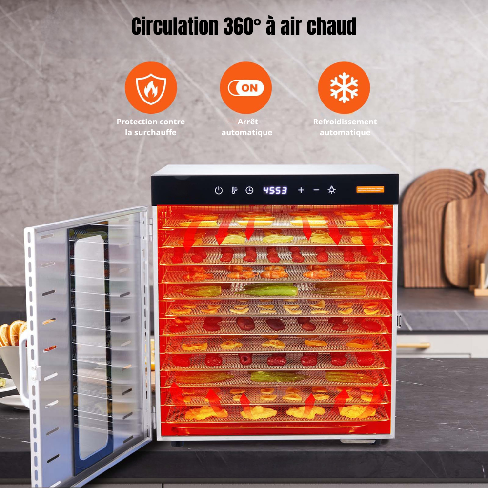 Déshydrateur alimentaire inox 10 plateaux – 1000W – 30–90°C
