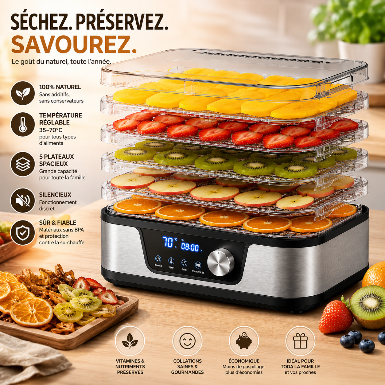 Déshydrateur alimentaire 5 plateaux BPA free 380W - Circulation 360°, 35–75°C, arrêt automatique